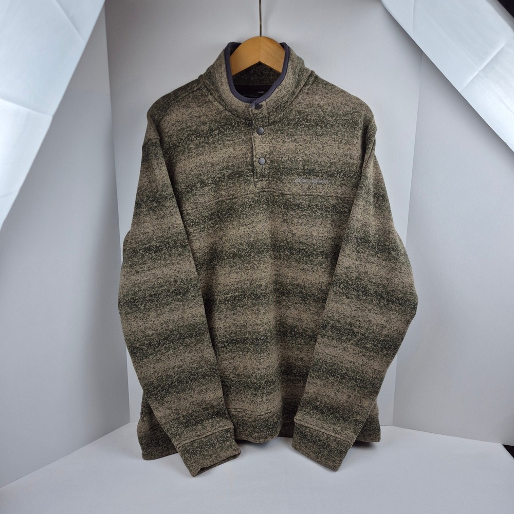 Eddie Bauer Mens XL Green Striped Sweater Fleece Quarter Snap Mock Neck Pullover